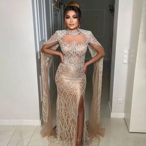 mermaid elegant high collar cape sleeves luxury Beaded evening dresses